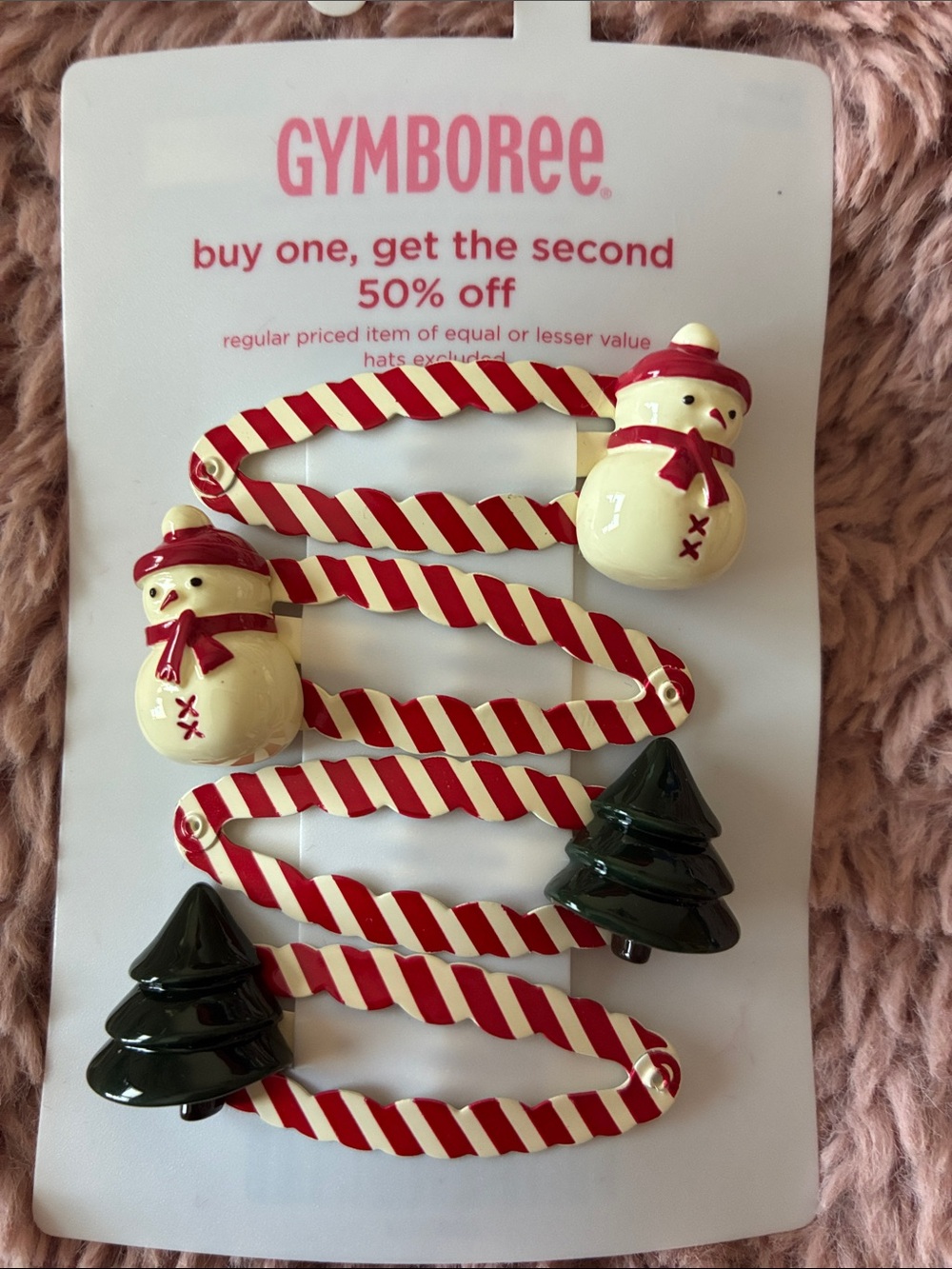 Gymboree Red, Cream & Dark Green Snowman and Tree Holiday Hair Clips
